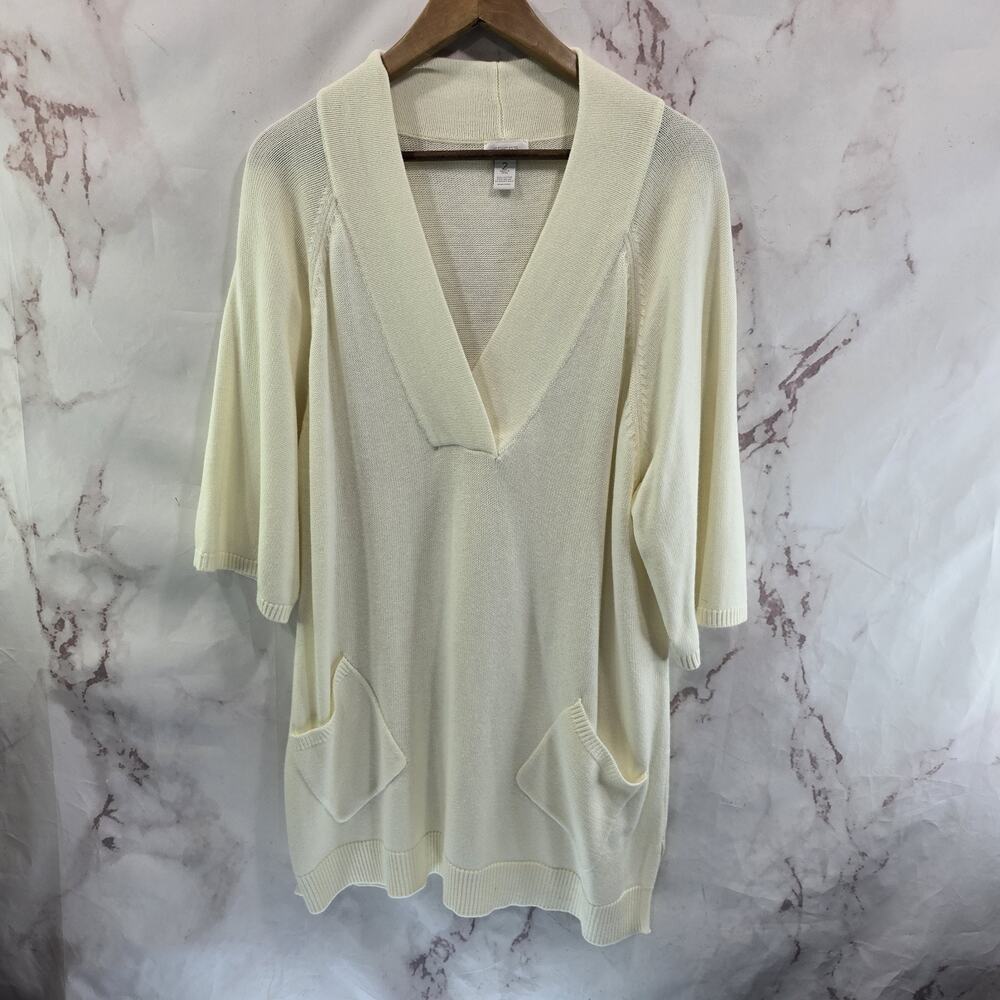 Chicos Sweater Womens 2 Large Off White Cream V Neck Short Sleeve Tunic Pocket
